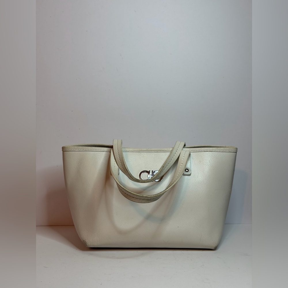 Salvatore Ferragamo Gancini White Leather Small Tote Bag